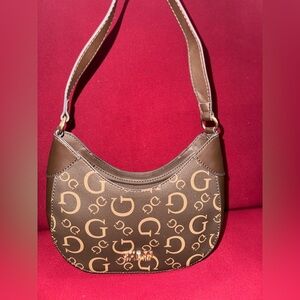 Guess Brown Monogram Shoulder Bag with Tan Logo Print